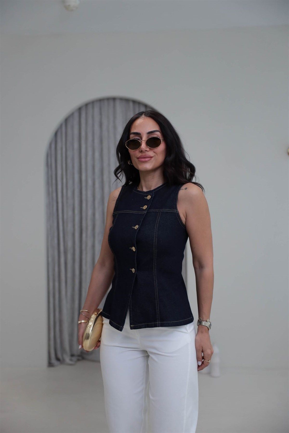 0758 Gold Düğmeli Kot Yelek LACİVERT