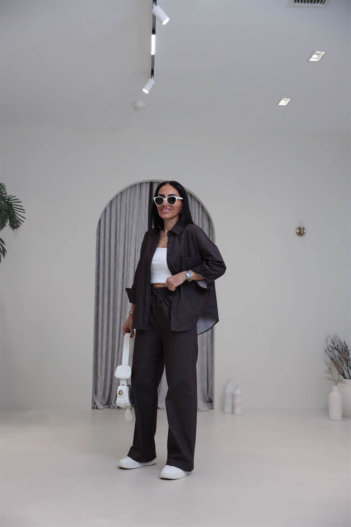 3012 Likralı Gömlekli Kot Takım KAHVE