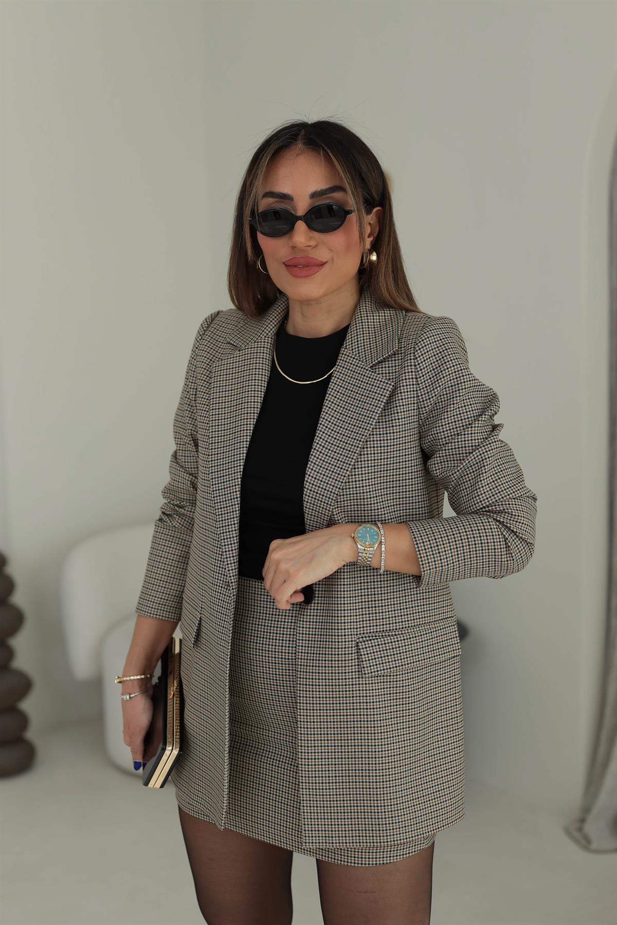 Kazayağı Desenli Blazer Ceket BEJ-KAHVE