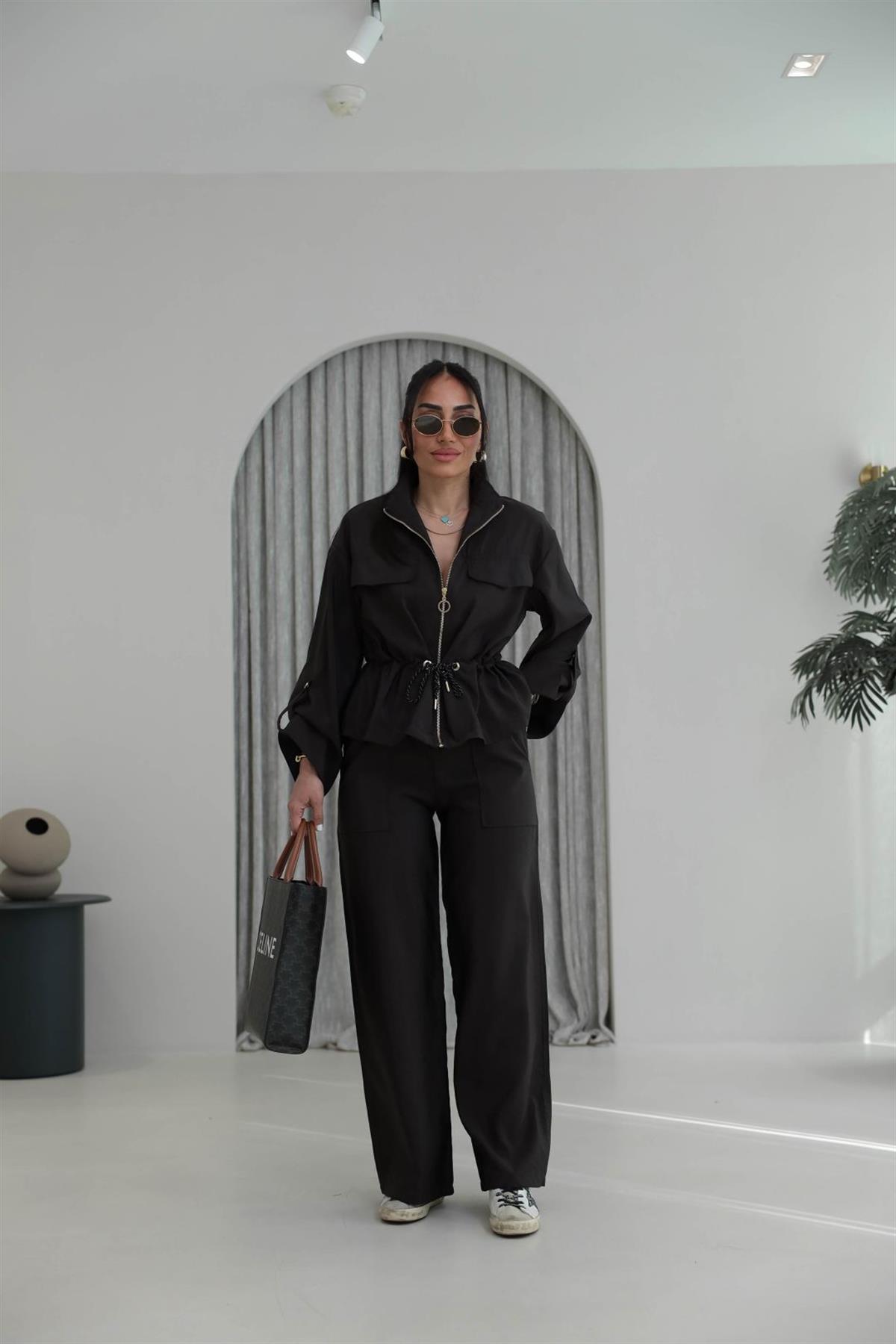 0650 Dik Yaka Gold Fermuarlı Cep Detaylı Paraşüt Kumaş Takım ACI KAHVE