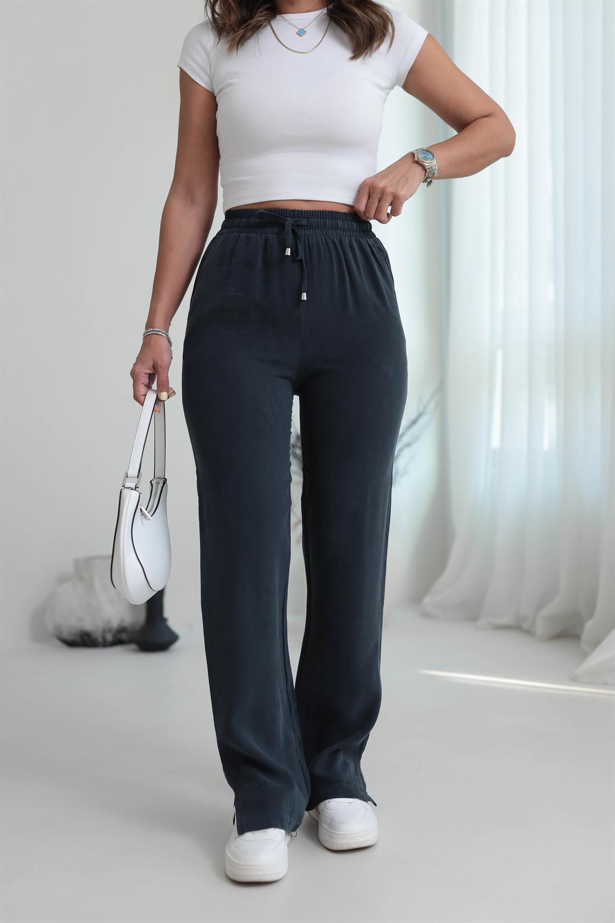 Paça Yırtmaçlı Bel Lastikli Tencel Pantolon ANTRASİT