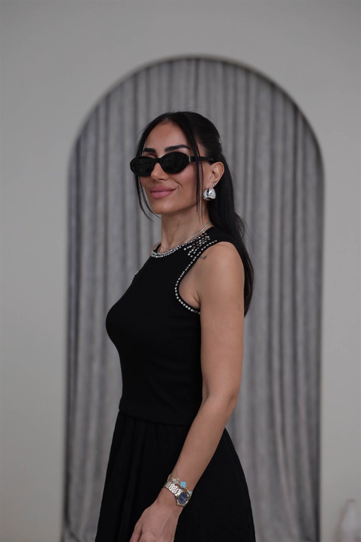 8162 Yaka ve Kol Taşlı Zımbalı Fitilli Atlet SİYAH