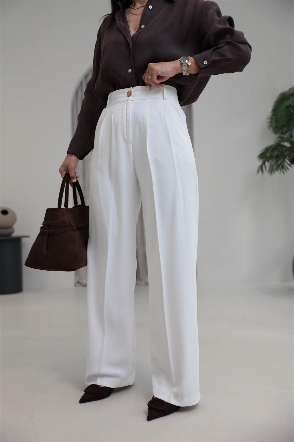 4386S Gold Düğmeli Palazzo Pantolon EKRU