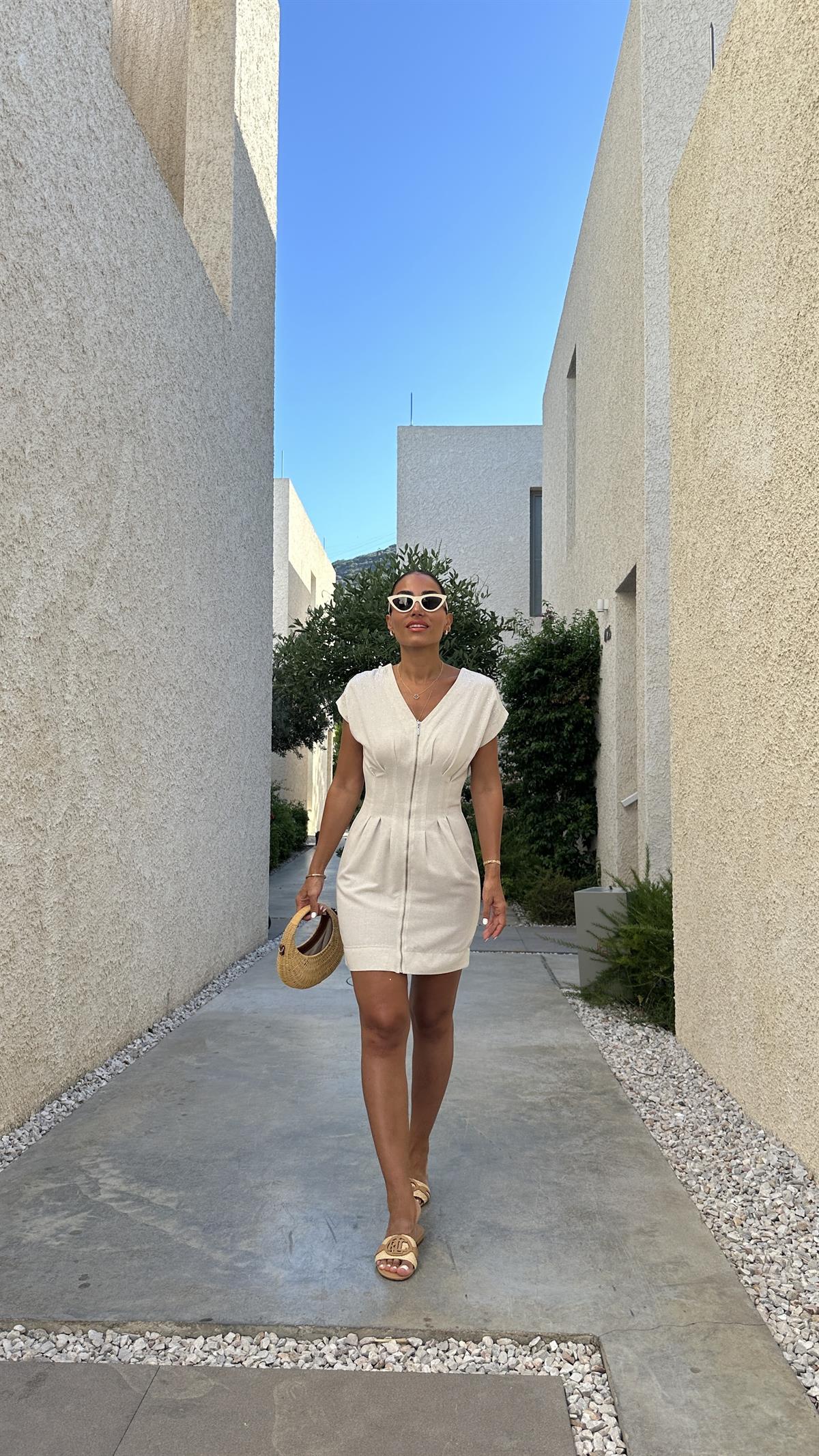 6212 Taş İşlemeli Önden Fermuarlı Keten Elbise