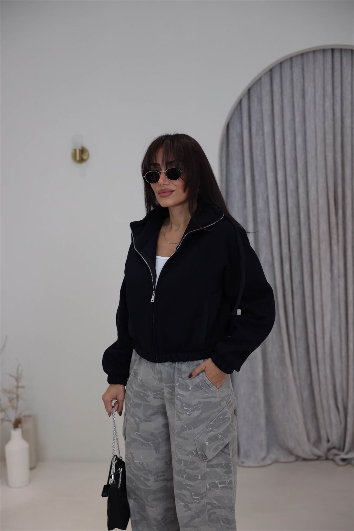 2421 Dik Yaka Fermuarlı Reglan Kol 3 İplik Sweatshirt SİYAH