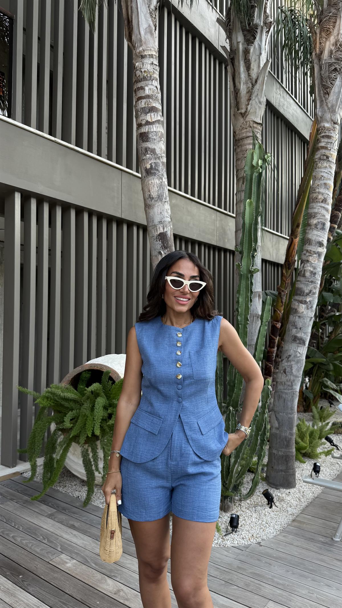 0284 Düğme Detaylı Dokuma Yelek & Şort Takım Indigo