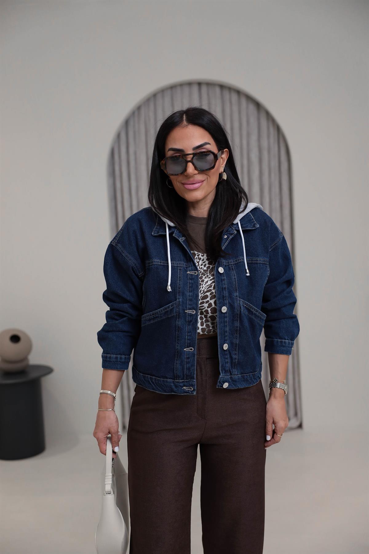 5039 Penye Kapüşonlu Kot Ceket KOYU MAVİ