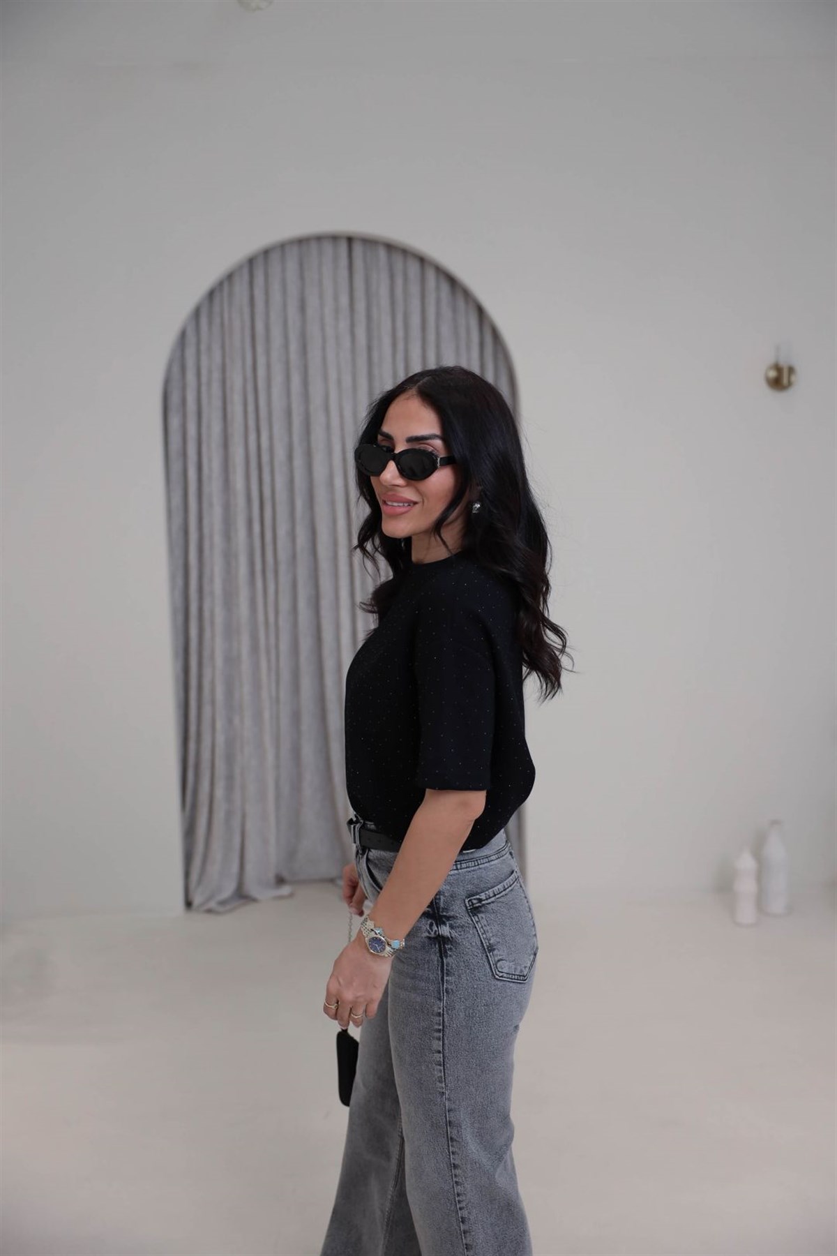 4236 Bisiklet Yaka Taşlı Tshirt SİYAH