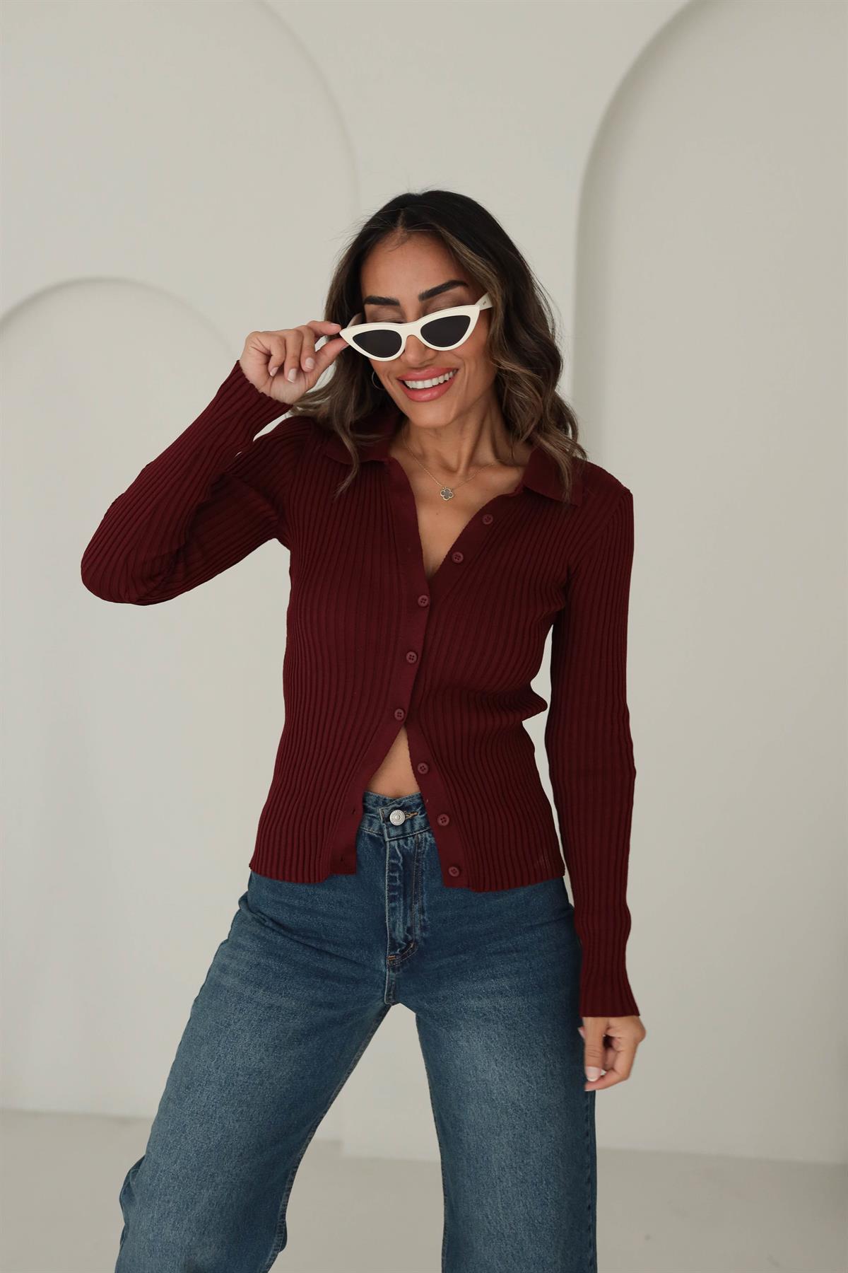 0701 Polo Yaka Fitilli Triko Hırka BORDO