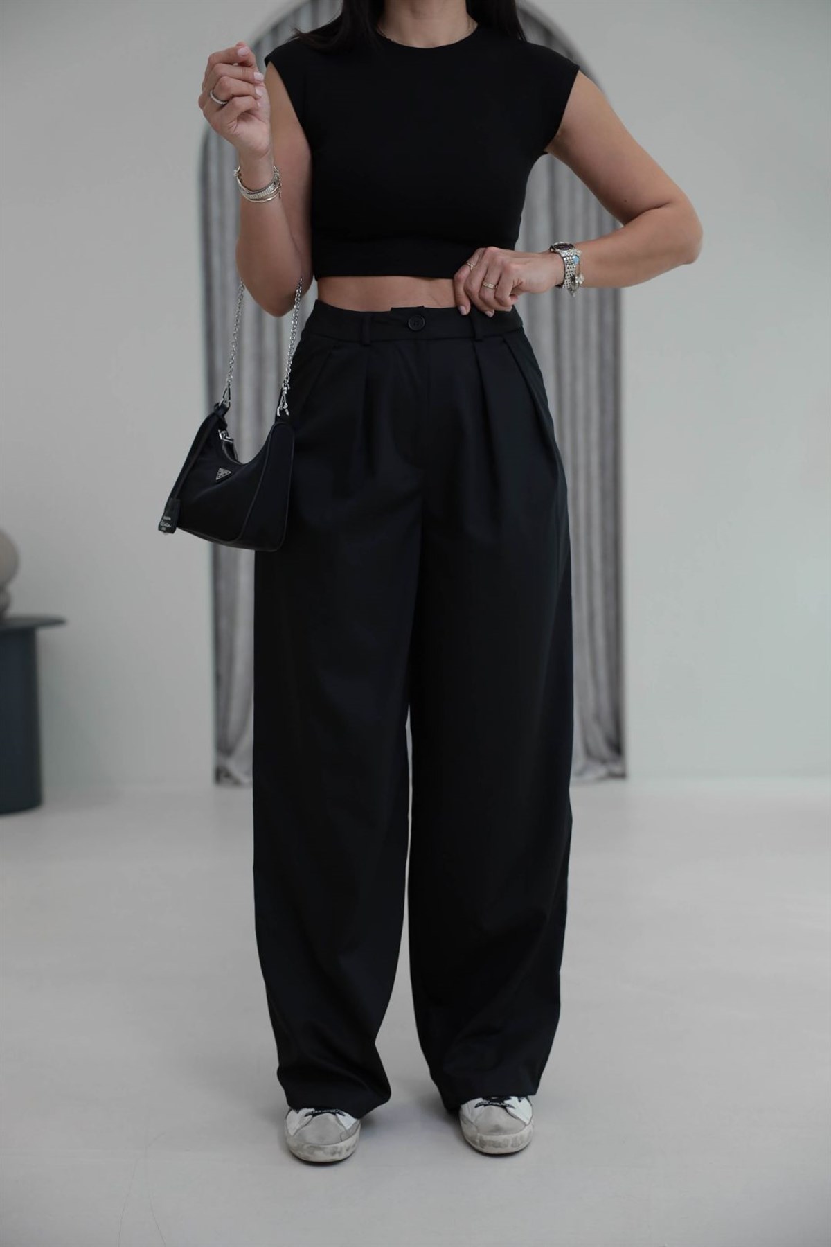 2079 Çift Pileli Bol Paça Pantolon SİYAH