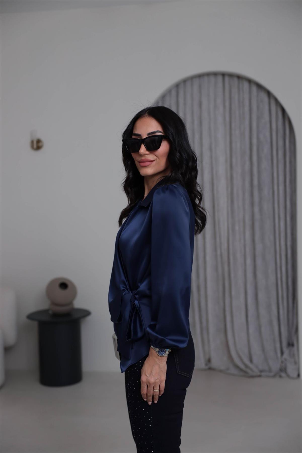 K0132 Kruvaze Yaka İpek Saten Gömlek Bluz LACİVERT