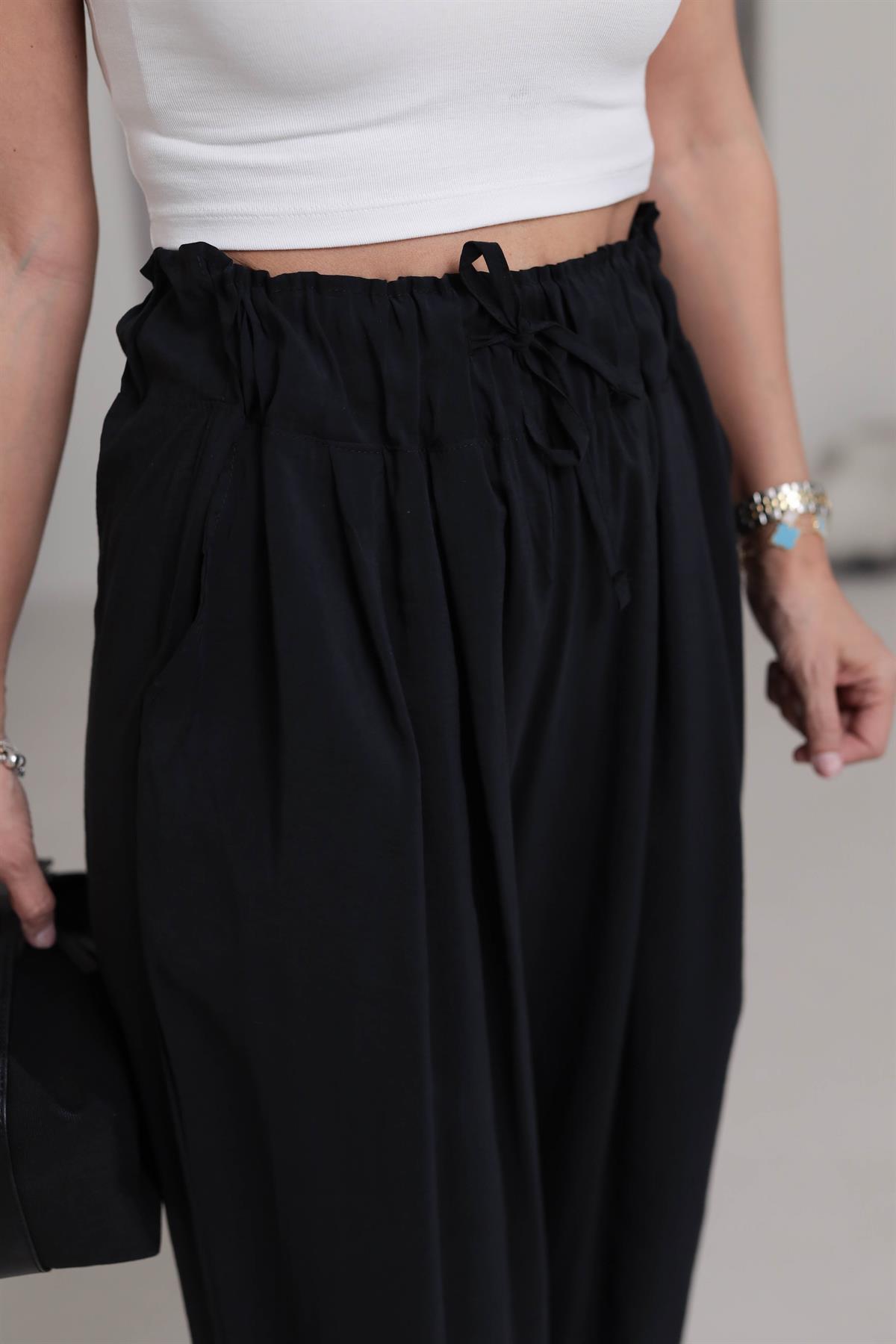 0165 Yüksek Bel Lastikli Bol Paça Tencel  Pantolon SİYAH