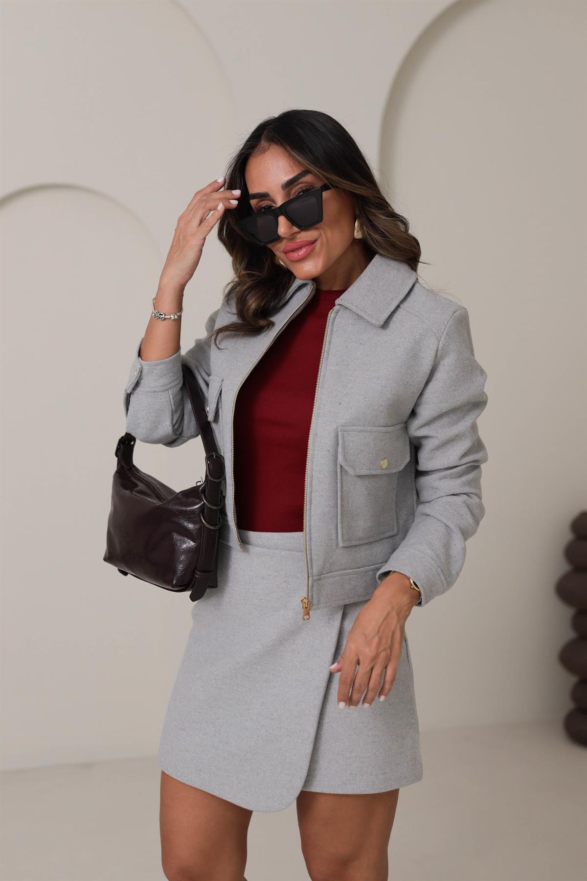 0089 Gold Düğmeli Cep Detaylı Fermuarlı Kaşe Ceket