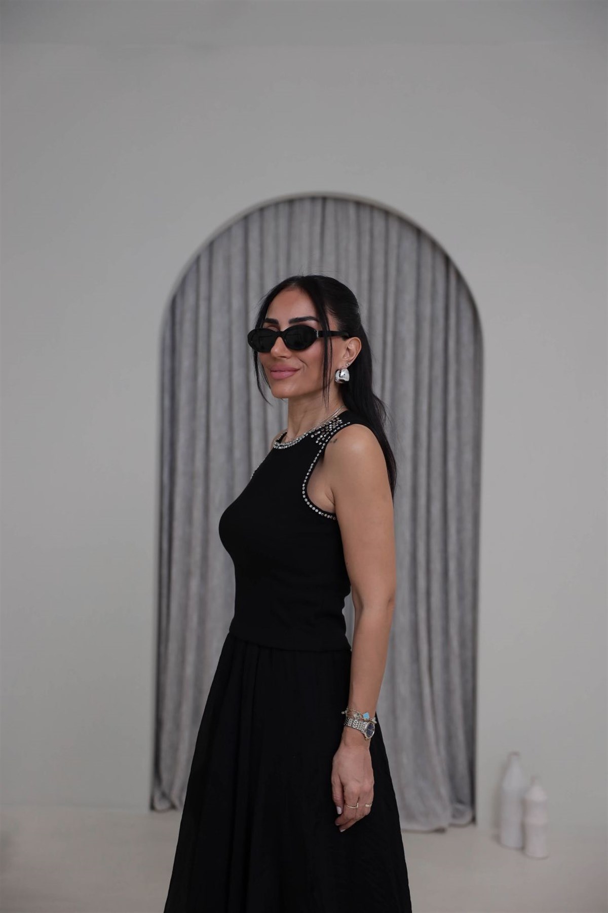 8162 Yaka ve Kol Taşlı Zımbalı Fitilli Atlet SİYAH