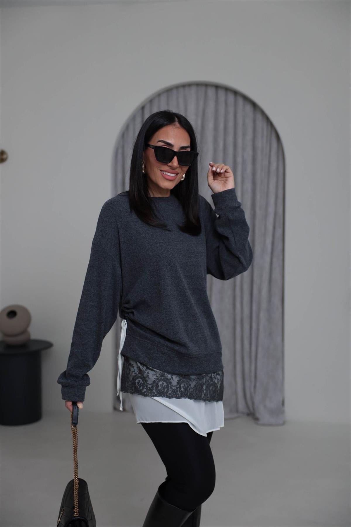 7273 Eteği Dantel Tunik Triko Bluz ANTRASİT