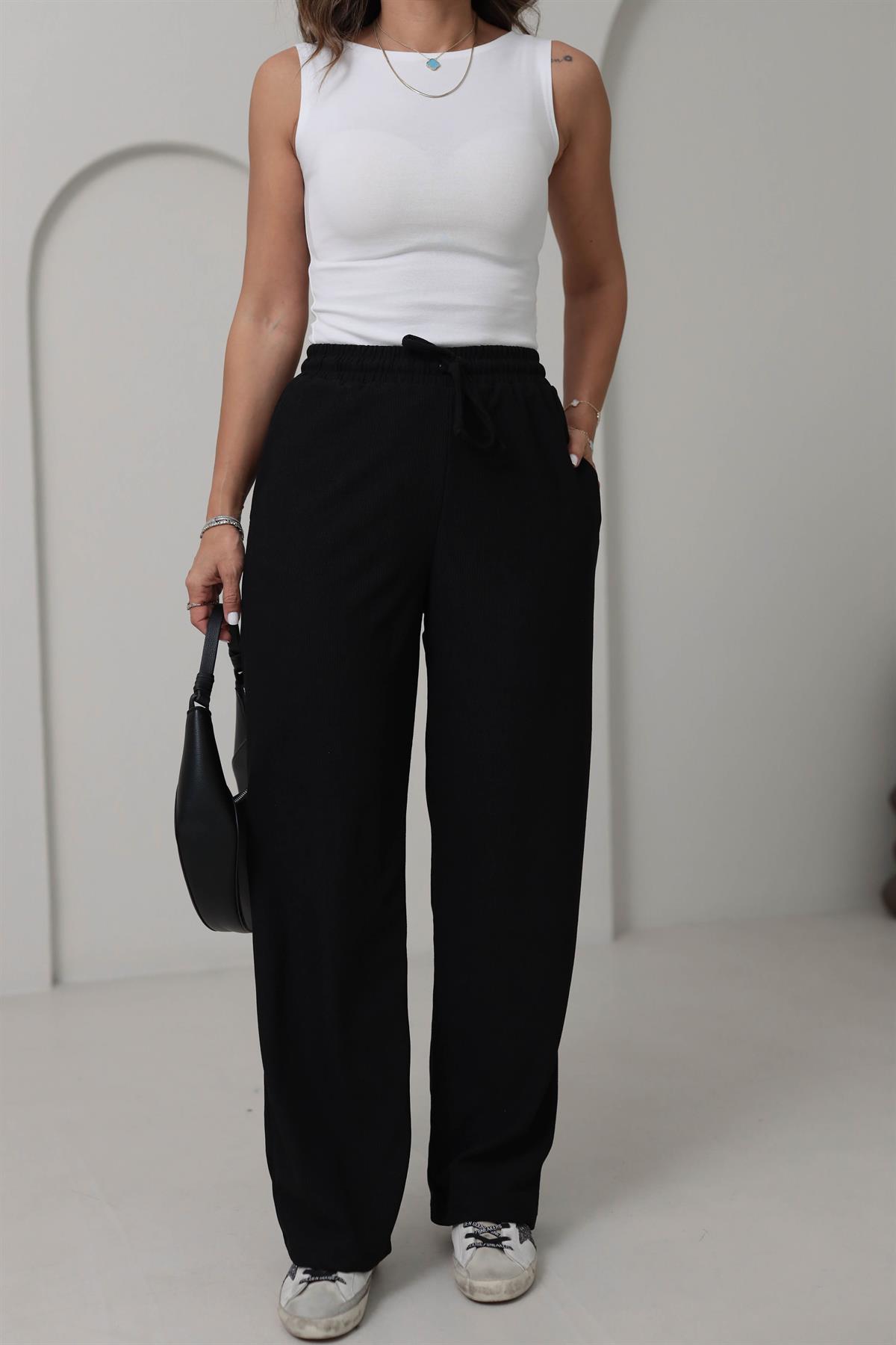 0104 Bol Paça Beli Lastikli Örme Pantolon SİYAH