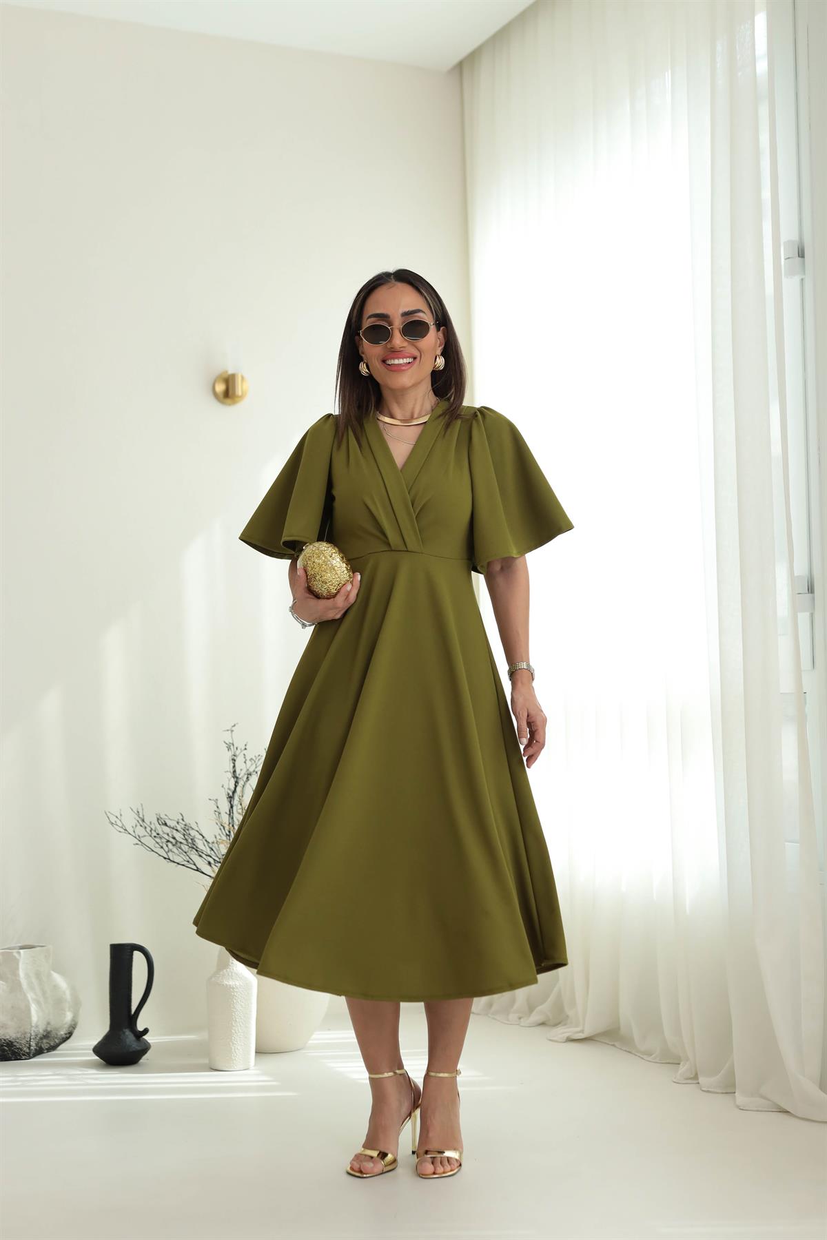 3707 Kol Volanlı Krvaze Yaka Midi Boy Elbise YAĞ YEŞİLİ