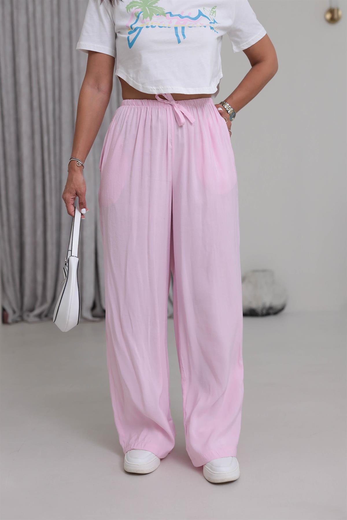 1141 Bel Lastikli Tencel Pantolon PEMBE