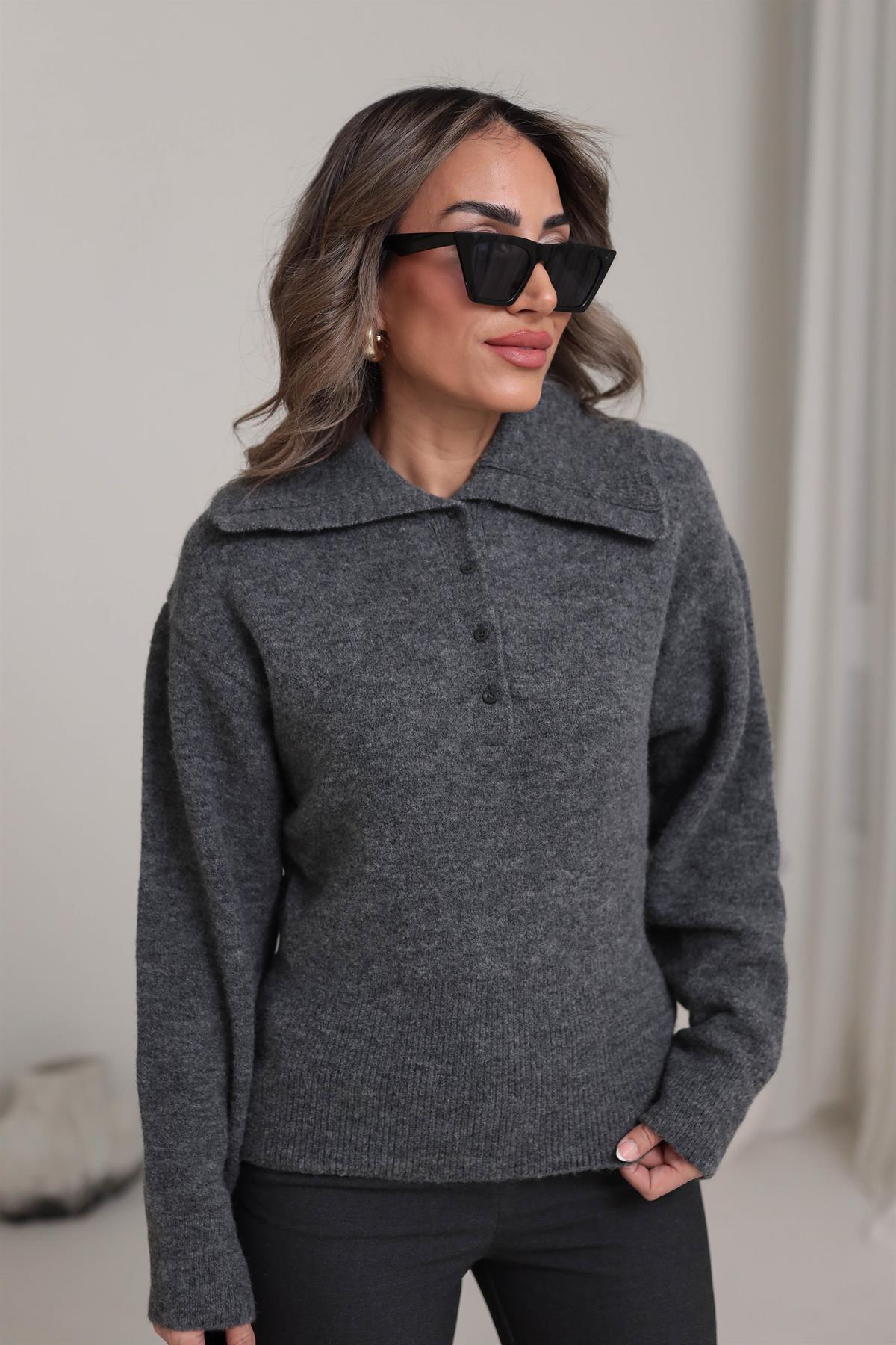 0679 Polo Yaka Yarım Düğmeli Kazak FÜME