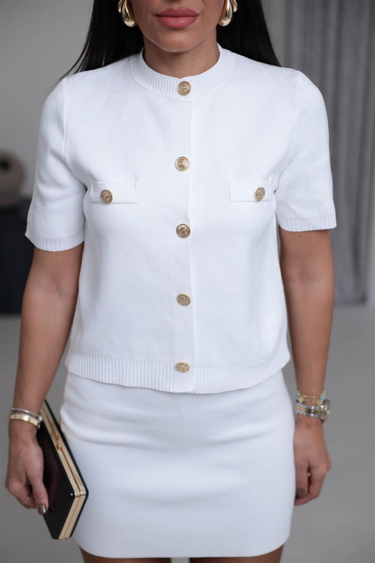 0008 Gold Düğme Detaylı Etekli Triko Takım EKRU