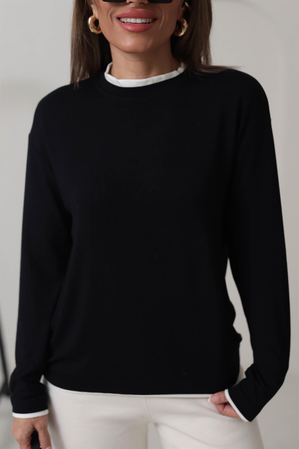 1145 Çift Yakalı Modal Bluz SİYAH