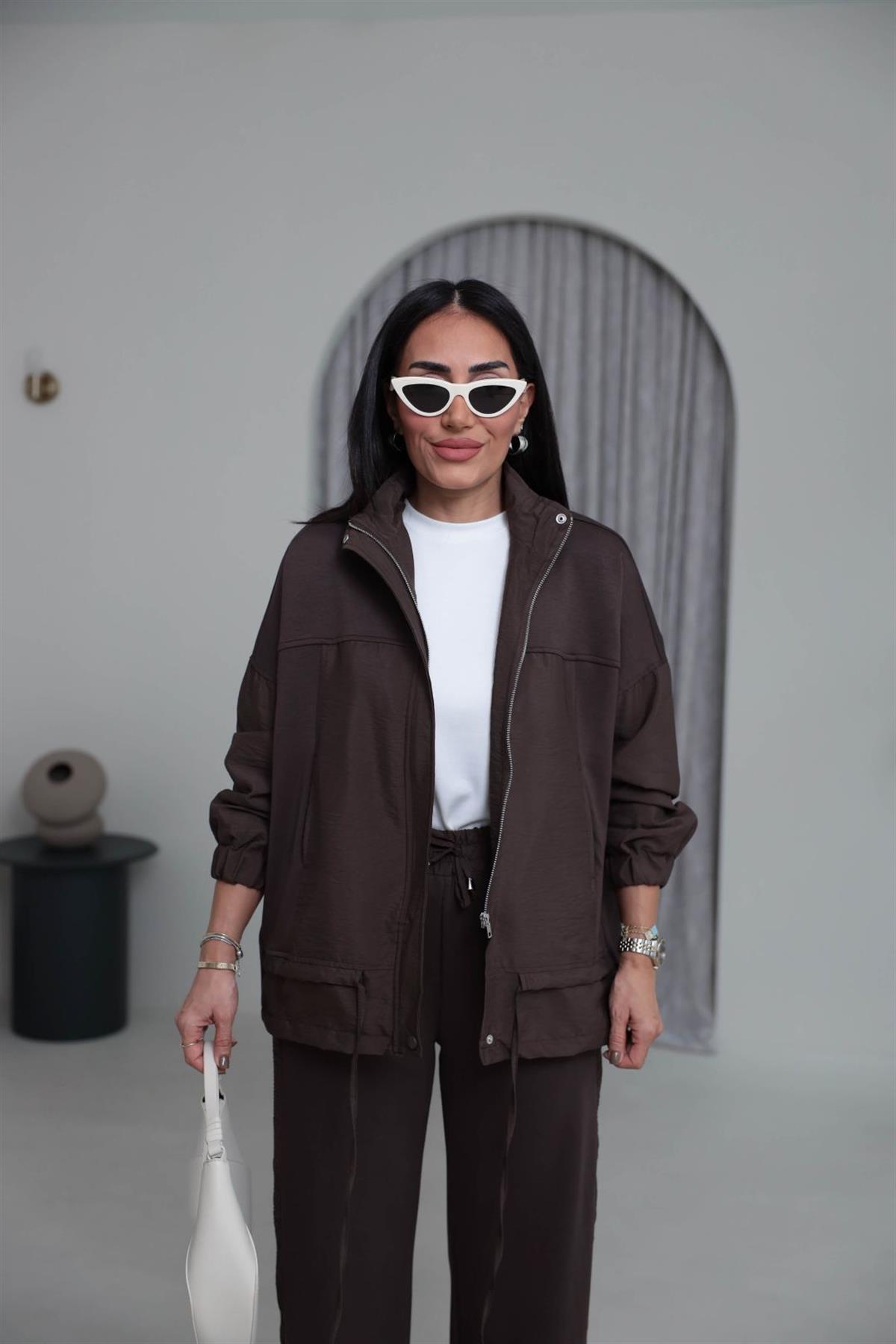 3601 Fermuarlı Büzgülü Paraşüt Garnili Takım KAHVE