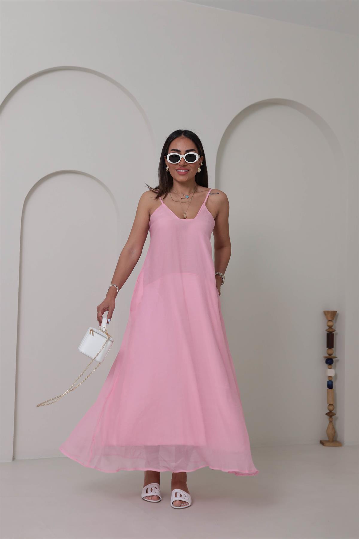 3227 Askılı Kare Yaka Maxi Tencel Elbise PEMBE
