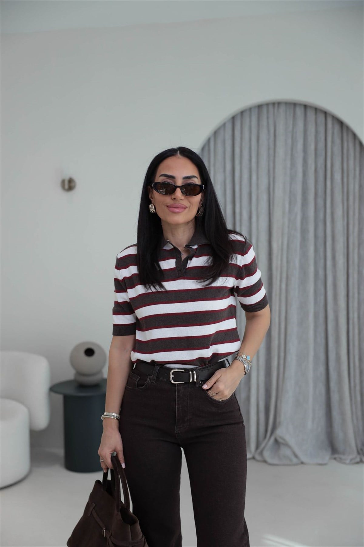 Polo Yaka Çizgili Massi Triko Bluz KAHVE