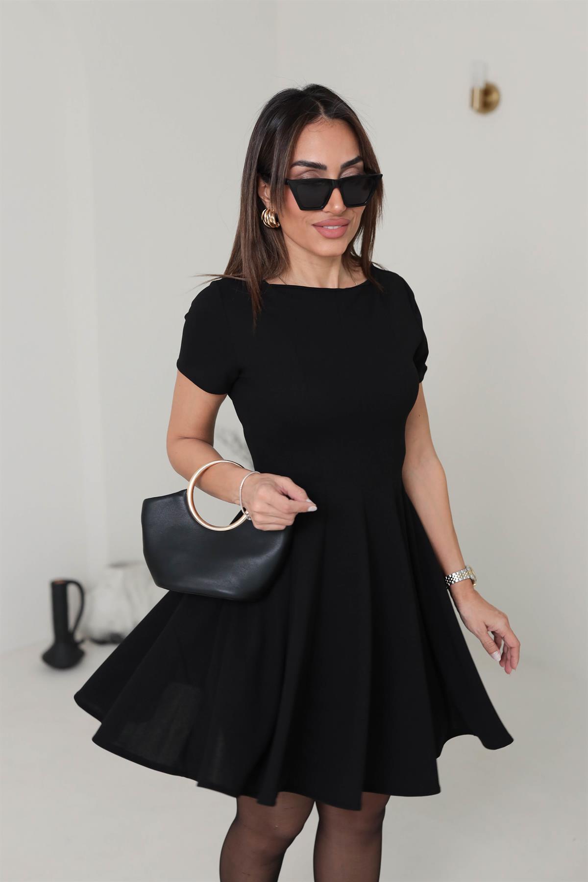 3680 Likralı Kısa Kol Kloş Elbise SİYAH