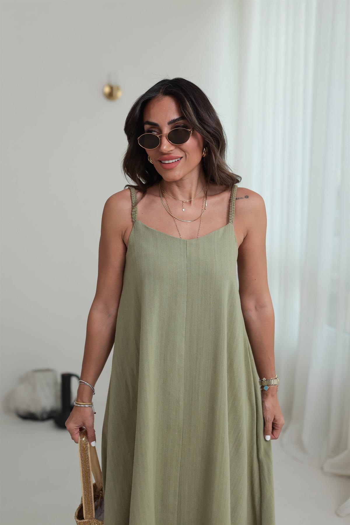 DXB Hasır Örgü Askılı Keten Elbise HAKİ YEŞİL