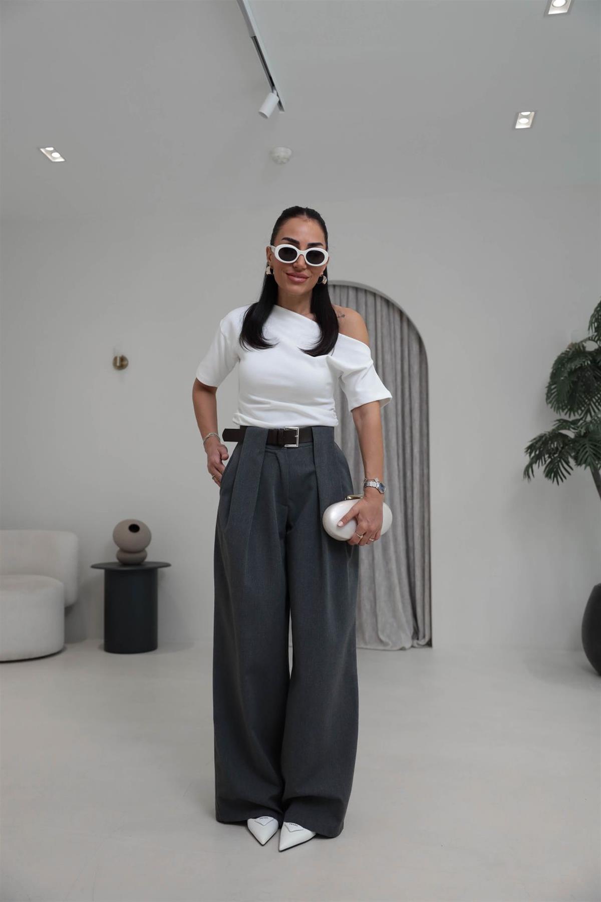 8465 Kemerli Pile Detaylı Kumaş Pantolon KOYU GRİ