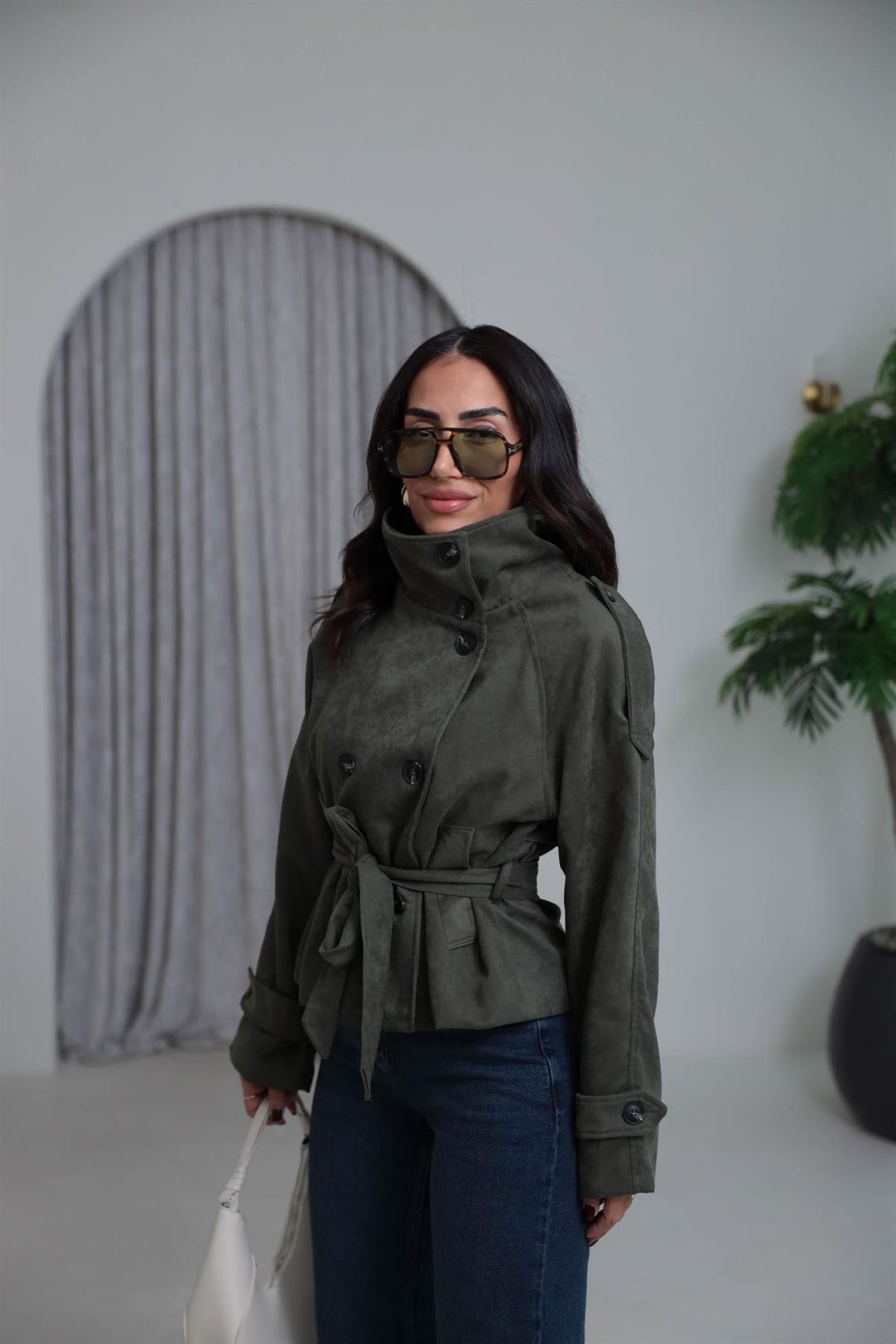 8437 Dik Yaka Kuşaklı Süet Ceket HAKİ YEŞİL