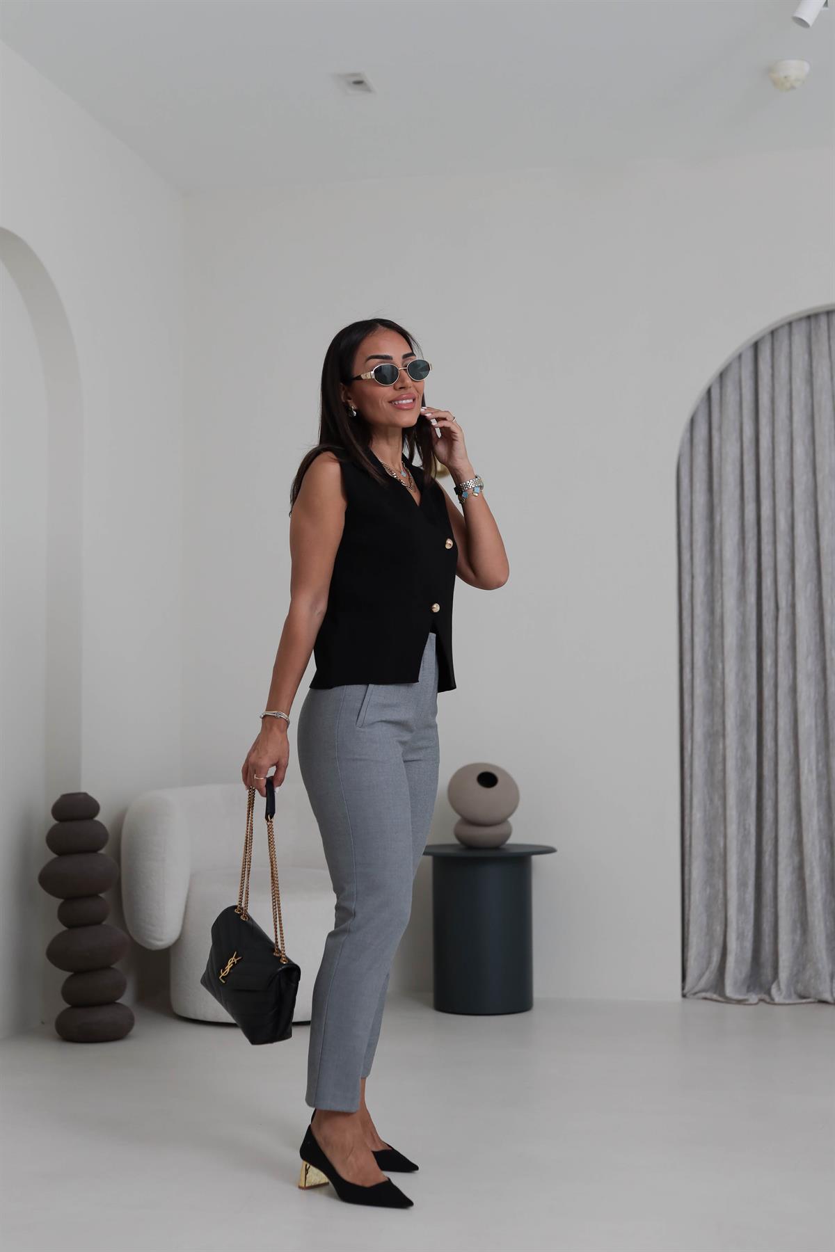 U5113-K Önü Flotalı Kumaş Pantolon KIRÇILLI GRİ