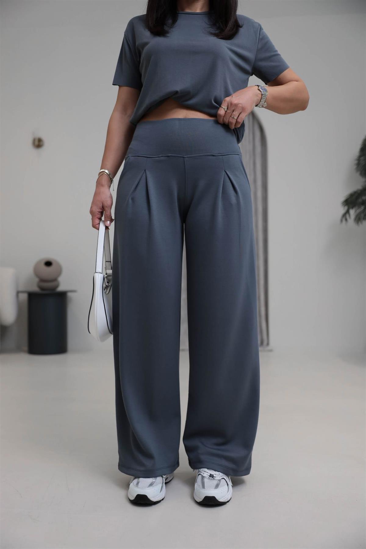 1202 Lulu Geniş Kemerli Piliseli Modal Pantolon ANTRASİT