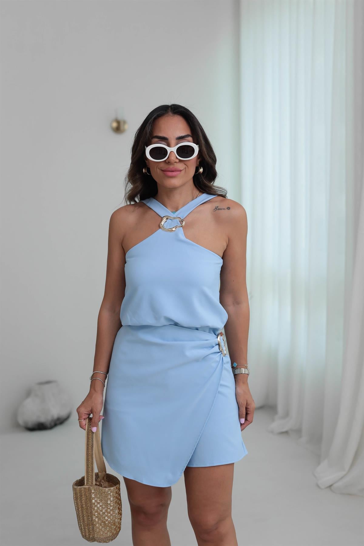 3810 Gold Aksesuarlı Şortlu Tulum BEBE MAVİ