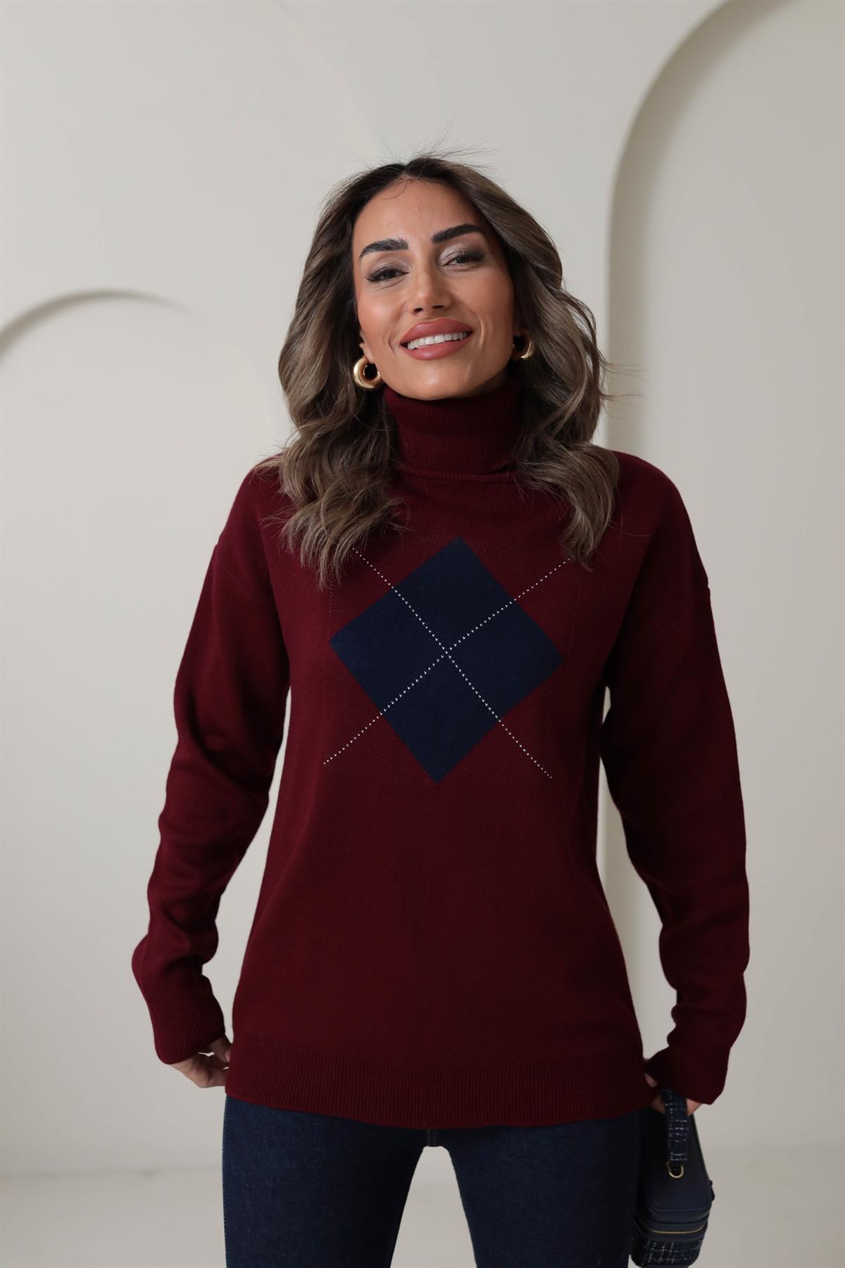 0060 Balıkçı Yaka Kare Desen Kazak BORDO