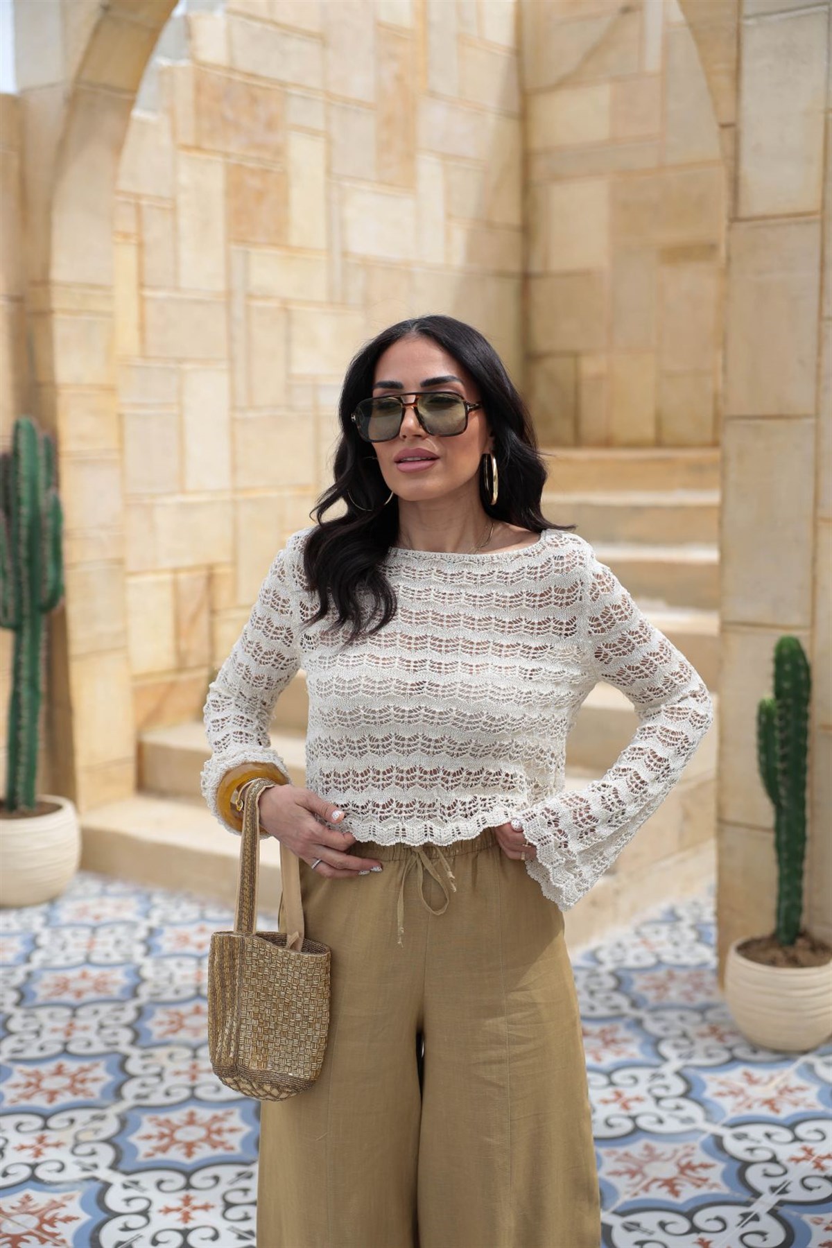 4702 Simli Ajurlu Triko Bluz KREM