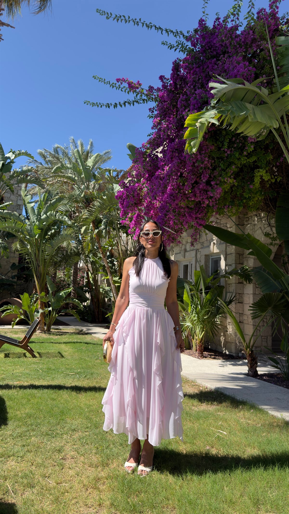 8561 Bel Drapeli Fırfır Detaylı Elbise PEMBE