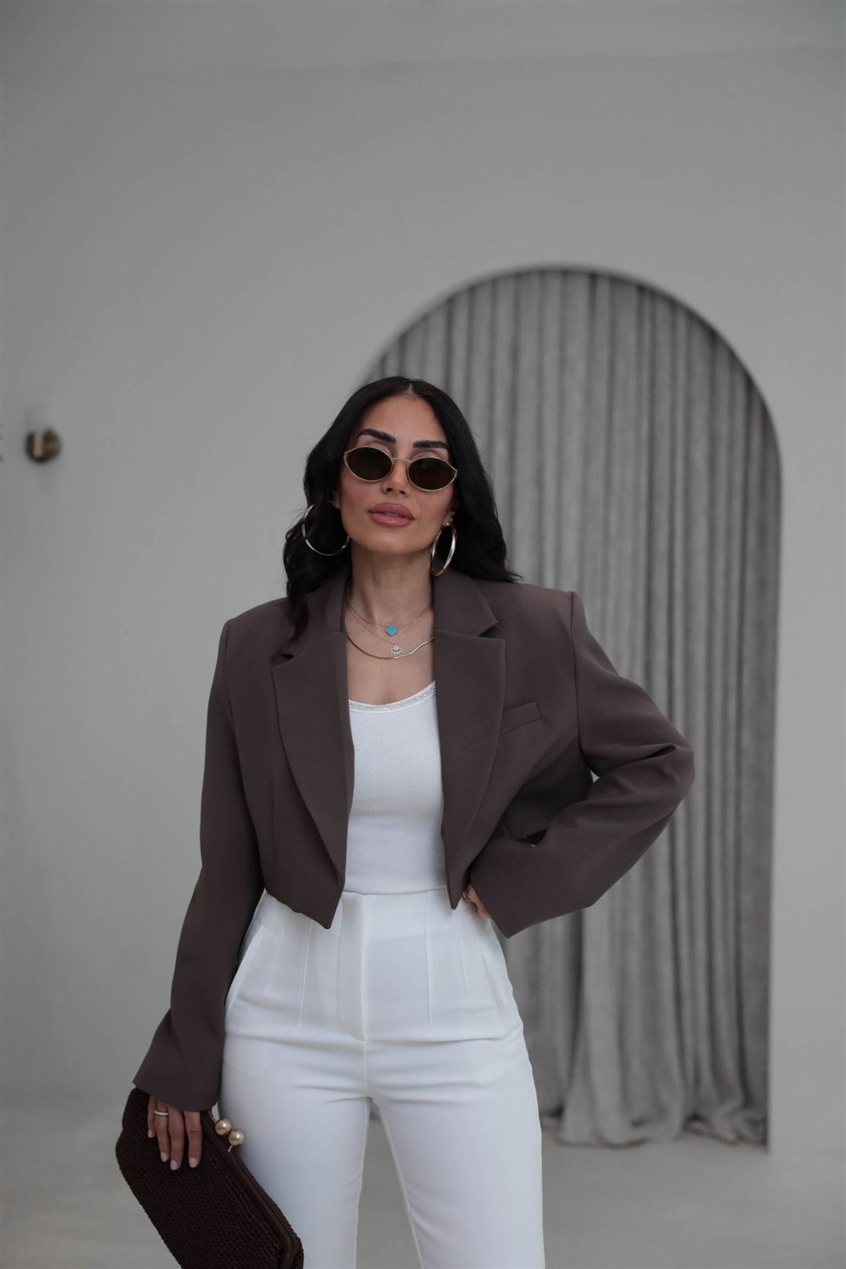 9704 Vatkalı Kısa Ceket KAHVE