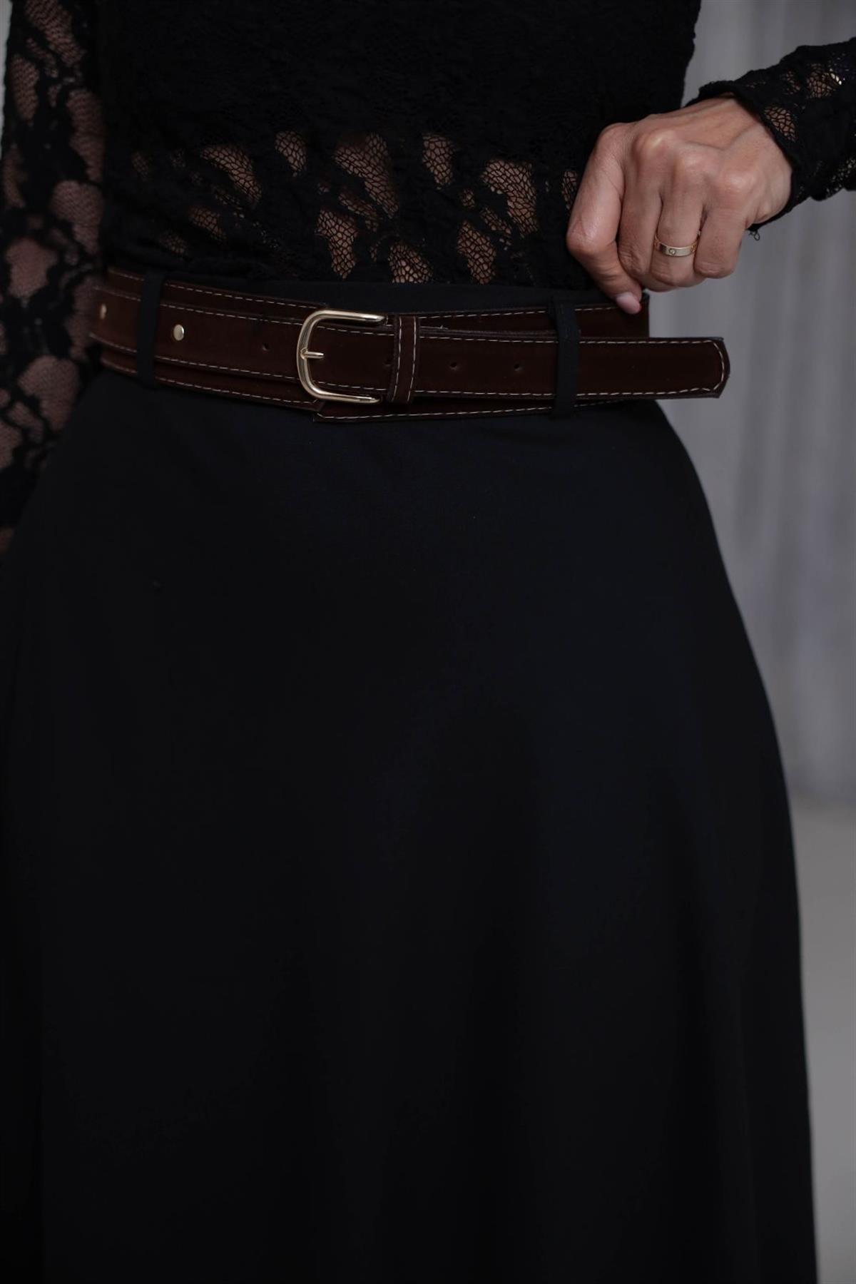 0647 Süet Kemerli Kloş Etek SİYAH