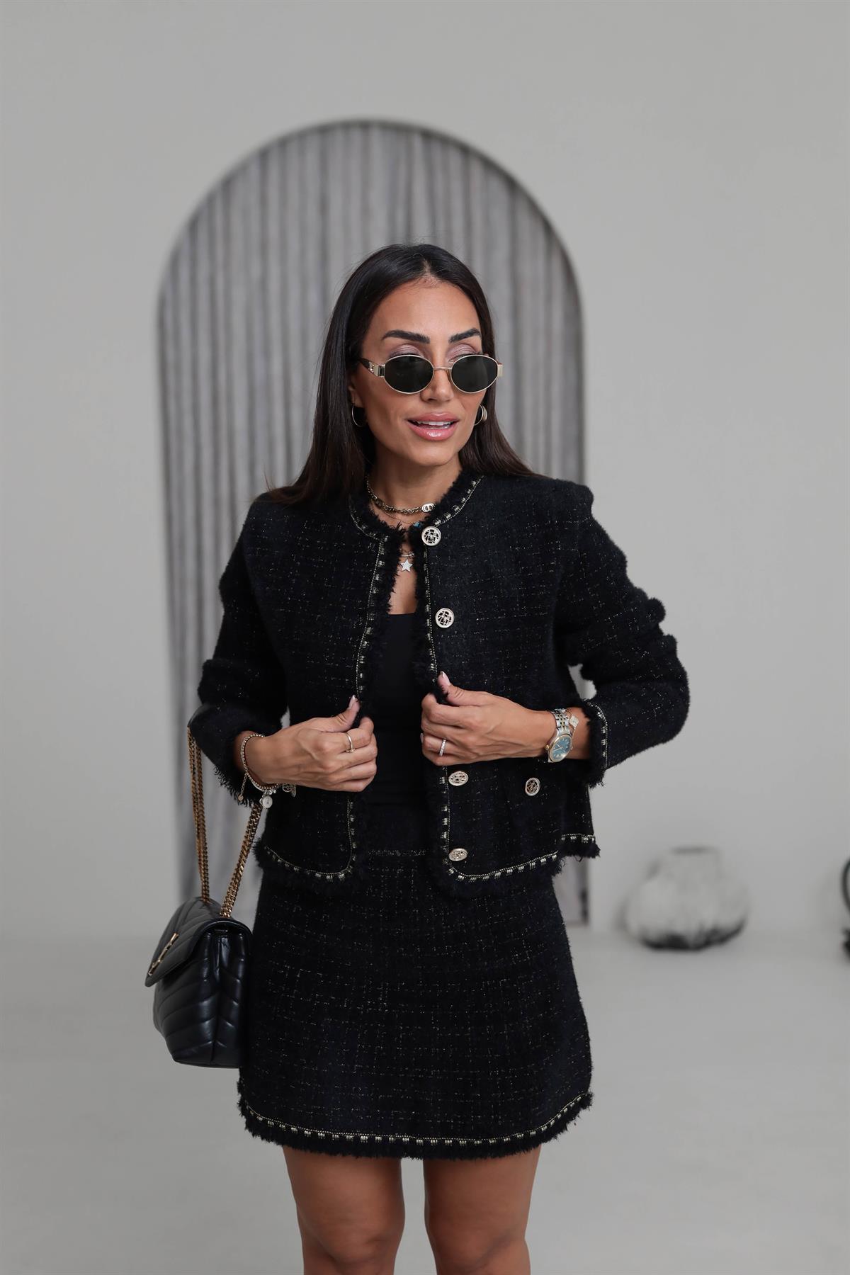 0419 Püskül ve Sim Detaylı Angora Ceket SİYAH