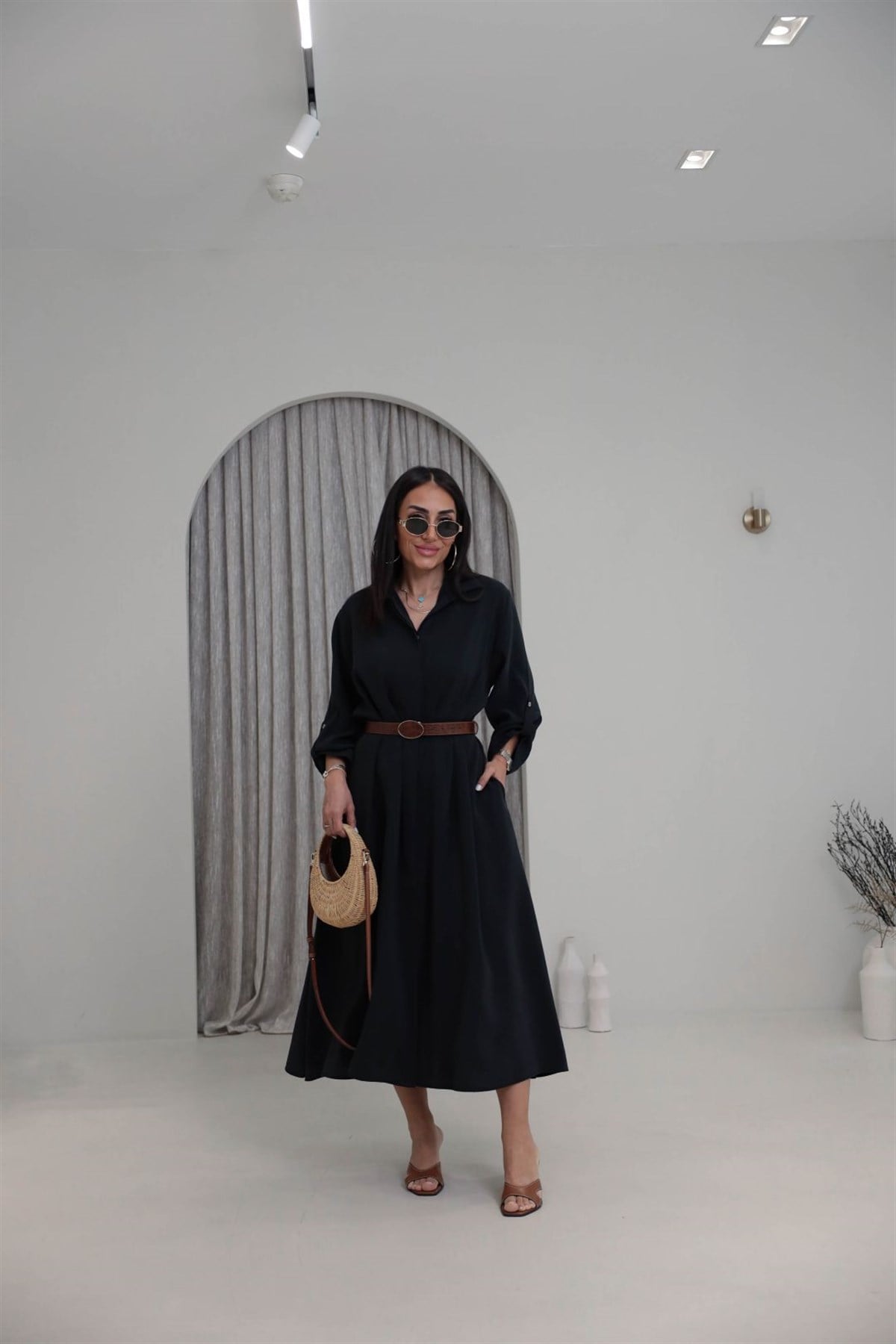 3270 Kemer Detaylı Tencel Kumaş Gömlek Elbise SİYAH