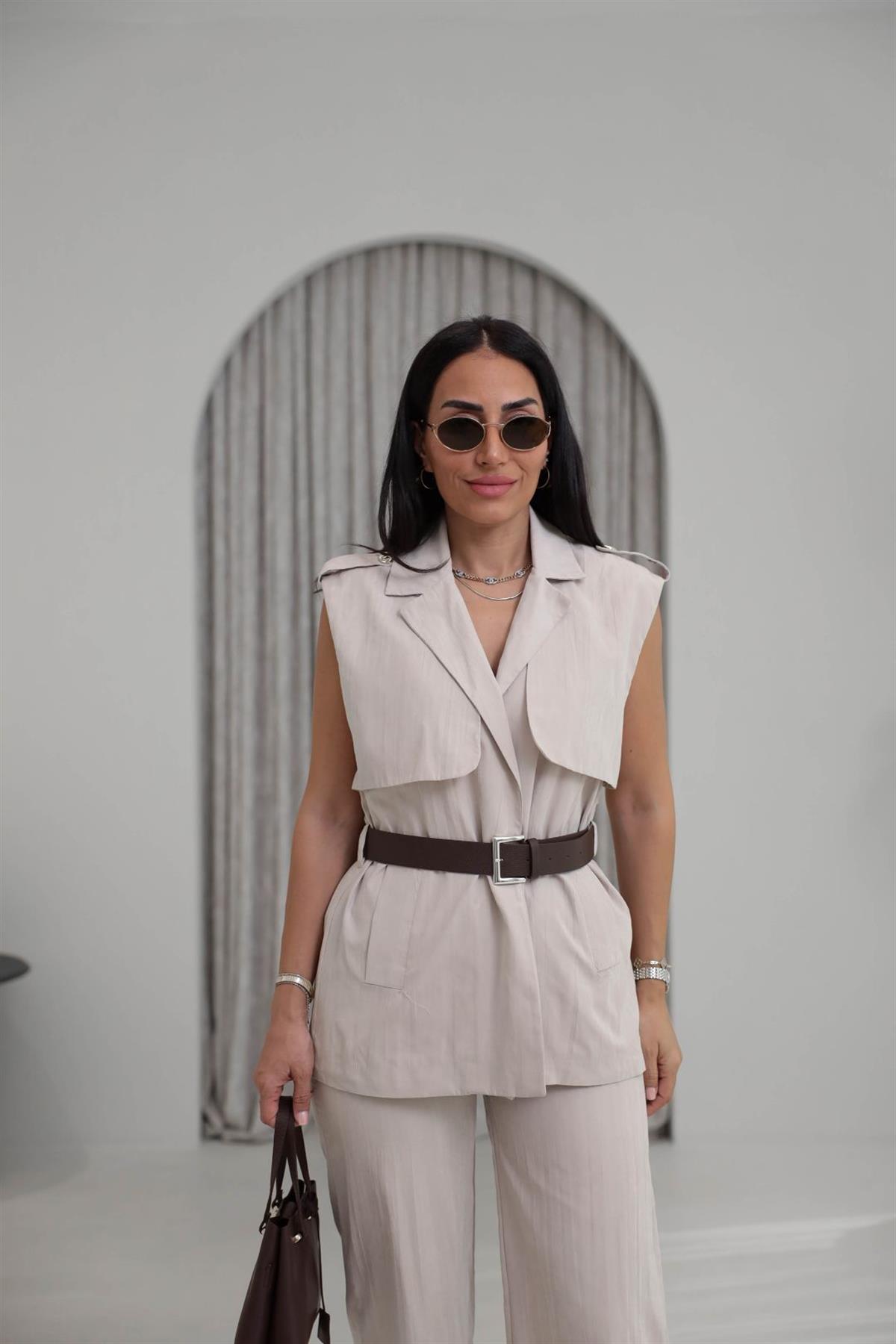 0719 Kemerli Tencel Kumaş Pantolon Yelek Takım BEJ