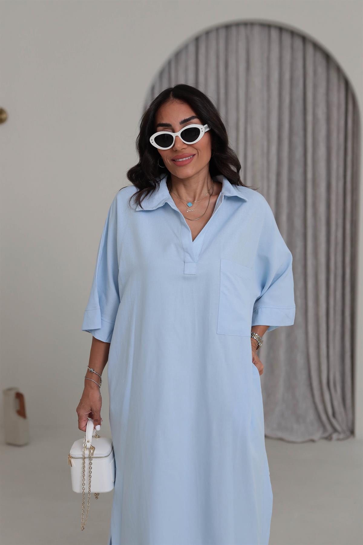 0130 Yanları Yırtmaçlı Cep Detaylı Rahat Keten Elbise MAVİ