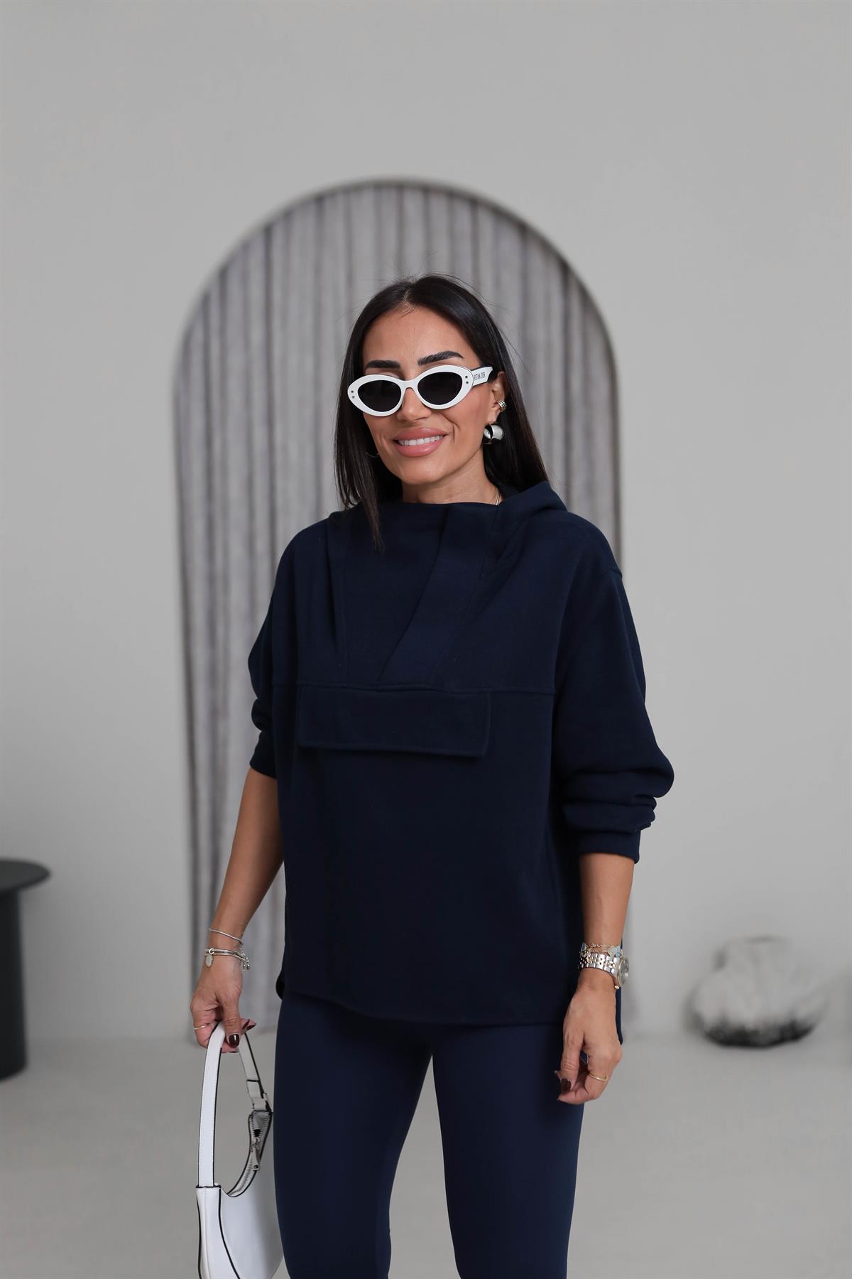 1750 Yaka Detay Selanik Kapşonlu Sweatshirt LACİVERT