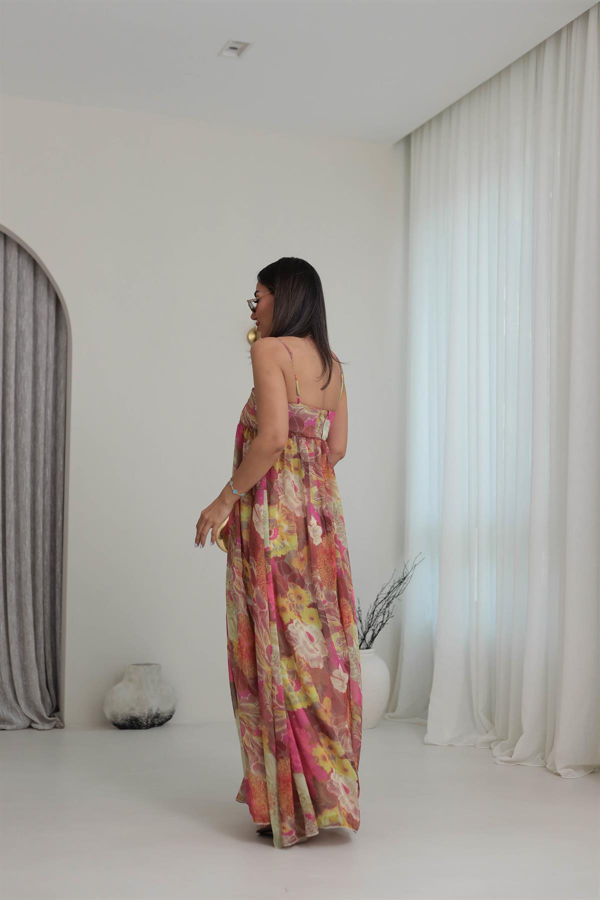 6509 Çiçekli Şifon Askılı Maxi Elbise ÇİÇEKLİ