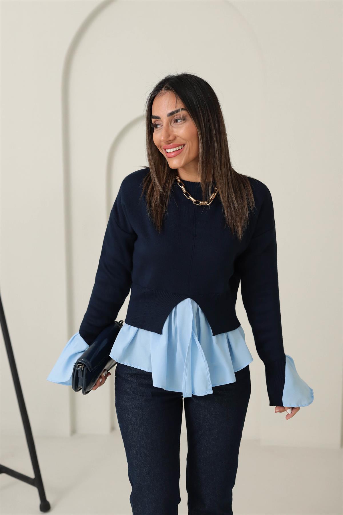 0005 Kolları ve Etek Ucu Volanlı Gömlek Detay Triko LACİVERT