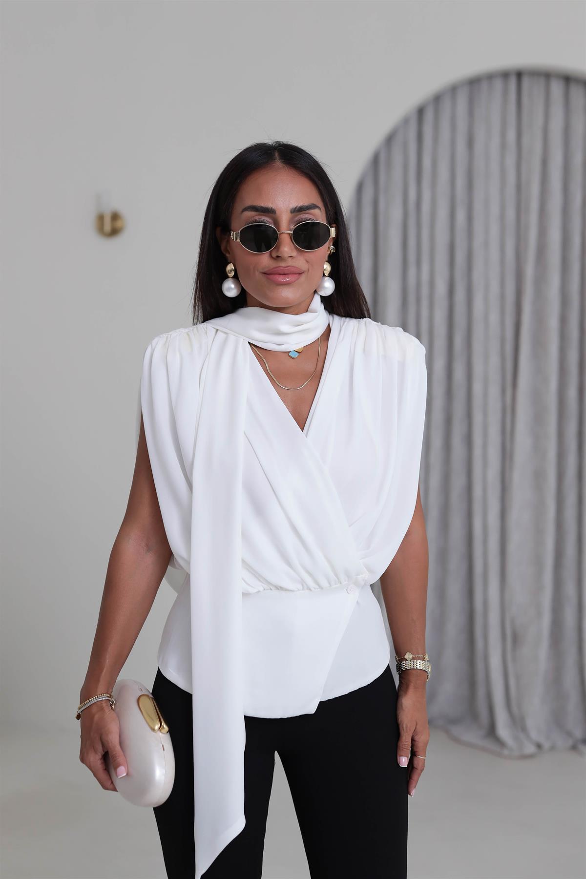 6197 Vatkalı Şal Detaylı Bluz EKRU