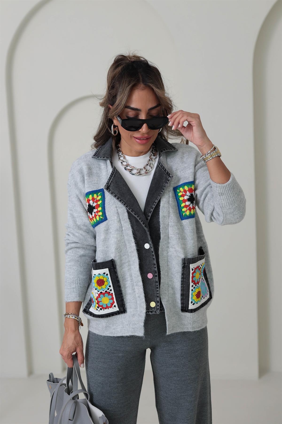 4616 Kot Mixli Nakış İşlemeli Triko Hırka