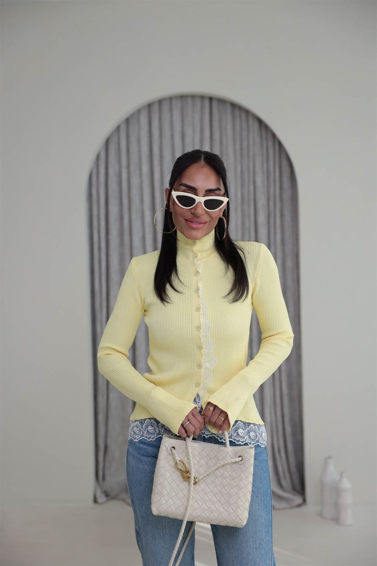 Yarım Balıkçı İspanyol Kol Güpürlü Hırka SARI